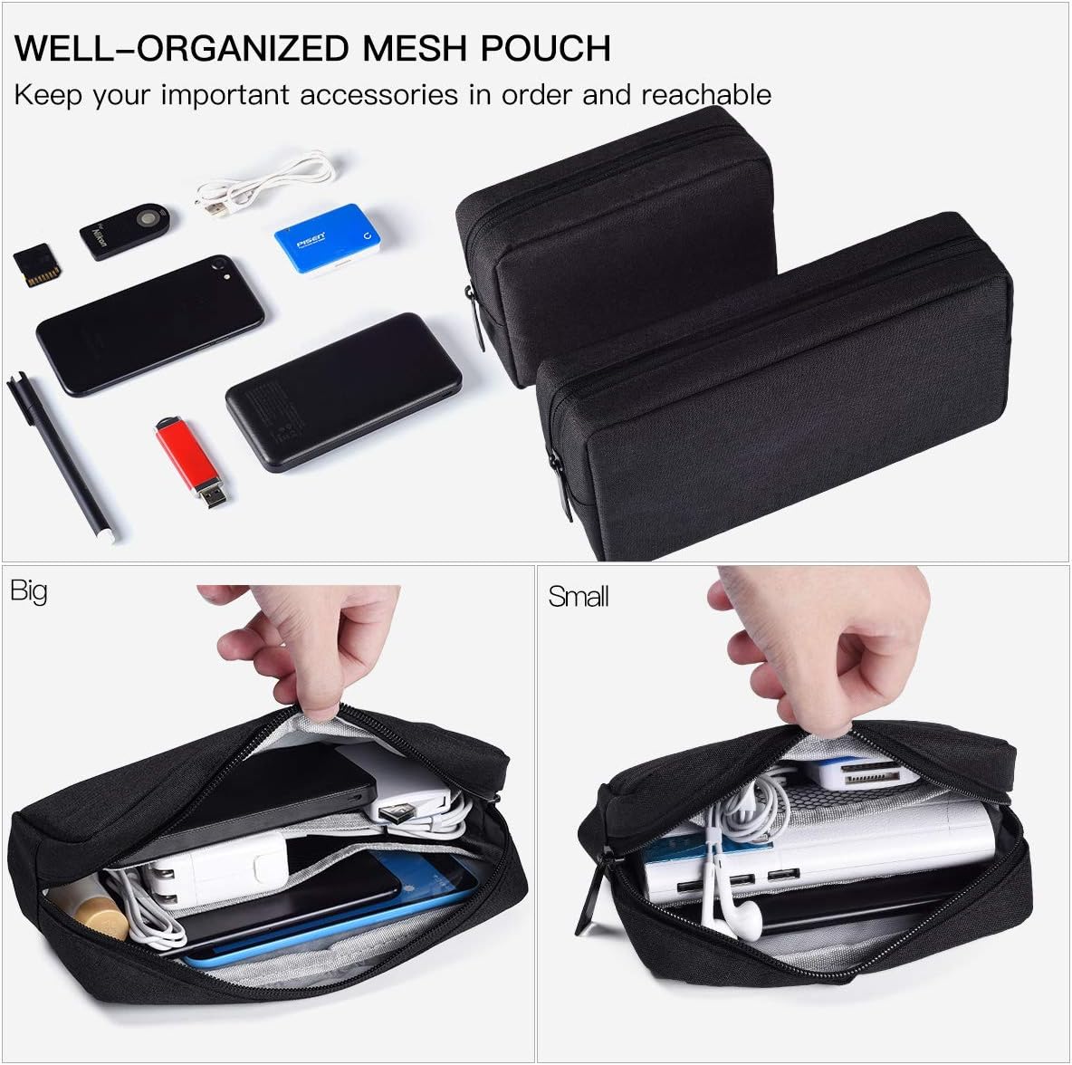 2-Pack Portable Storage Pouch Bag, Universal Electronics Accessories Case Cable Organizer Compatible with Hard Drive, Laptop Mouse, Power Bank, Adapter, Cellphone, Cosmetics (Small+Big-Navy Blue)