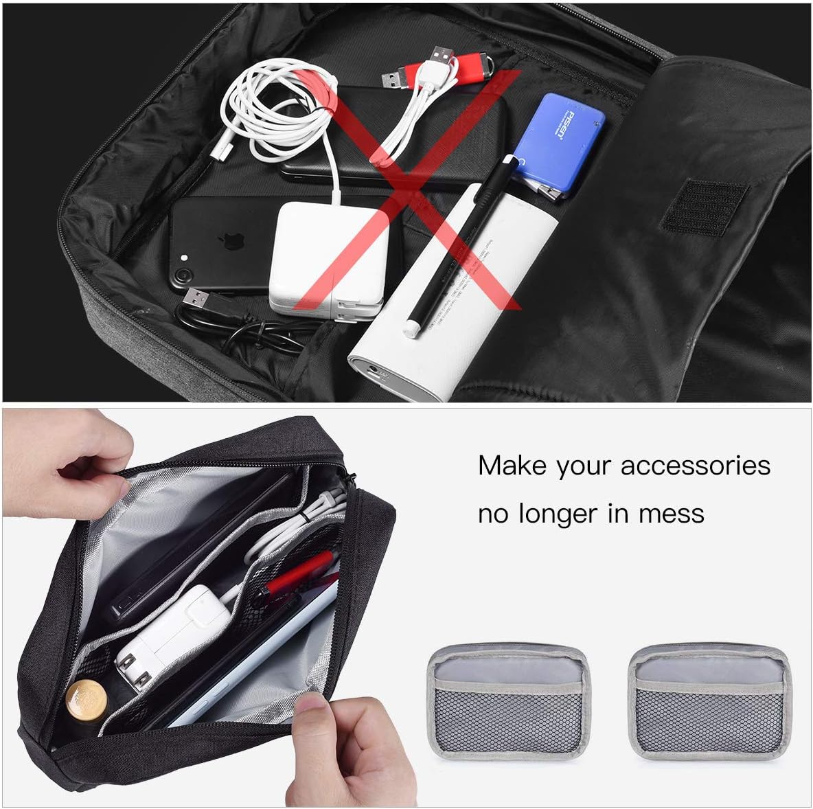 2-Pack Portable Storage Pouch Bag, Universal Electronics Accessories Case Cable Organizer Compatible with Hard Drive, Laptop Mouse, Power Bank, Adapter, Cellphone, Cosmetics (Small+Big-Navy Blue)