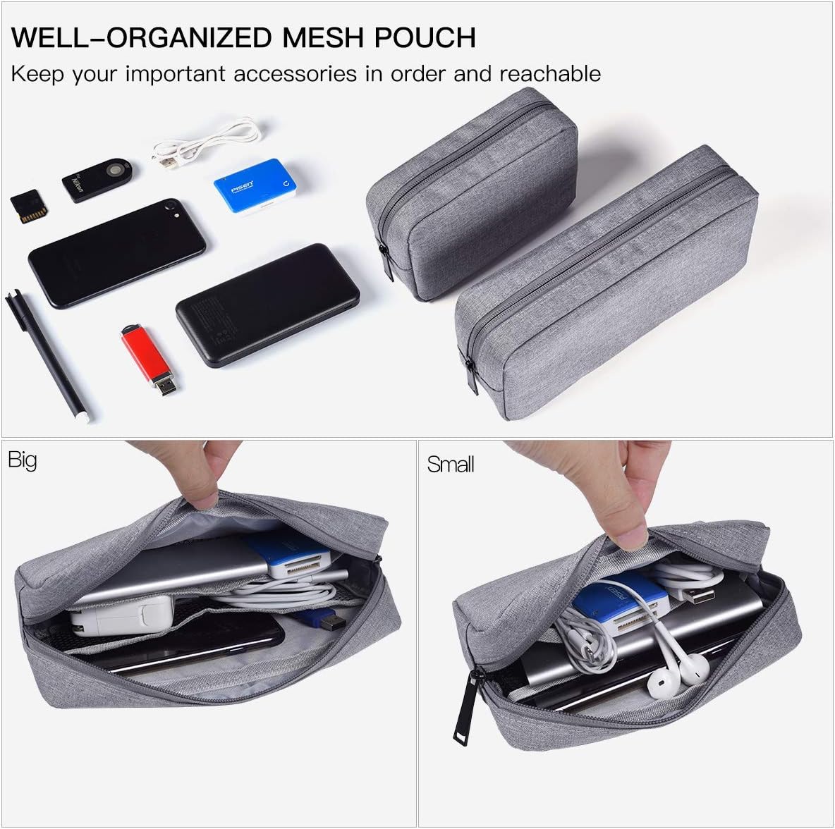 2-Pack Portable Storage Pouch Bag, Universal Electronics Accessories Case Cable Organizer Compatible with Hard Drive, Laptop Mouse, Power Bank, Adapter, Cellphone, Cosmetics (Small+Big-Navy Blue)