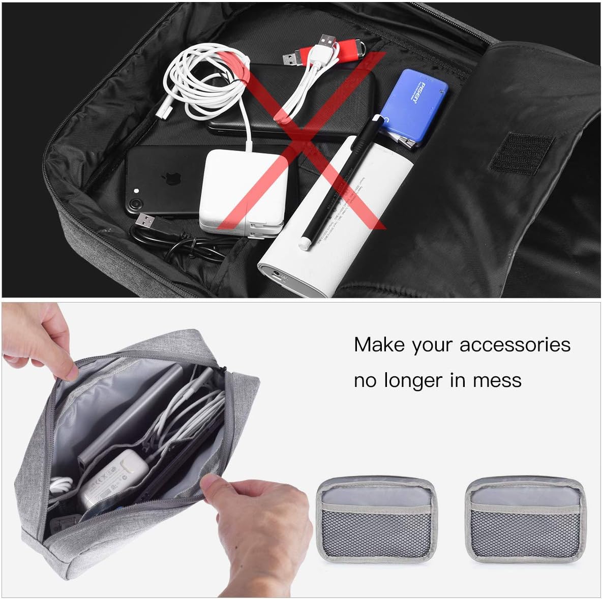 2-Pack Portable Storage Pouch Bag, Universal Electronics Accessories Case Cable Organizer Compatible with Hard Drive, Laptop Mouse, Power Bank, Adapter, Cellphone, Cosmetics (Small+Big-Navy Blue)