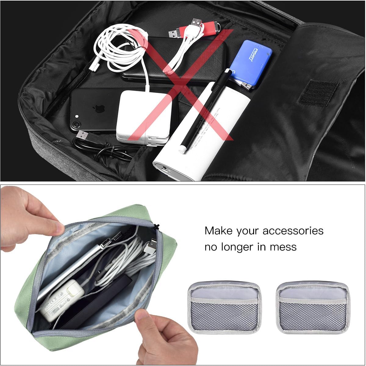 2-Pack Portable Storage Pouch Bag, Universal Electronics Accessories Case Cable Organizer Compatible with Hard Drive, Laptop Mouse, Power Bank, Adapter, Cellphone, Cosmetics (Small+Big-Navy Blue)