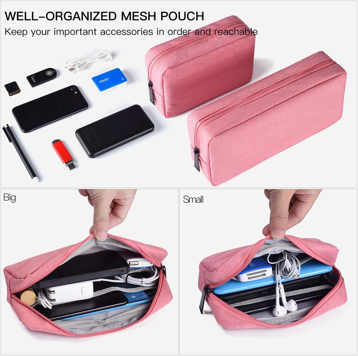 2-Pack Portable Storage Pouch Bag, Universal Electronics Accessories Case Cable Organizer Compatible with Hard Drive, Laptop Mouse, Power Bank, Adapter, Cellphone, Cosmetics (Small+Big-Navy Blue)