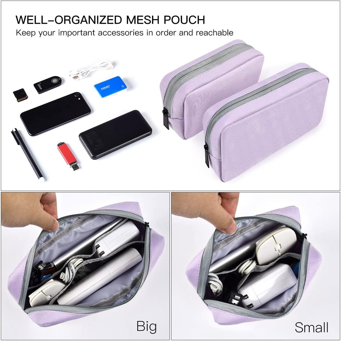 2-Pack Portable Storage Pouch Bag, Universal Electronics Accessories Case Cable Organizer Compatible with Hard Drive, Laptop Mouse, Power Bank, Adapter, Cellphone, Cosmetics (Small+Big-Navy Blue)