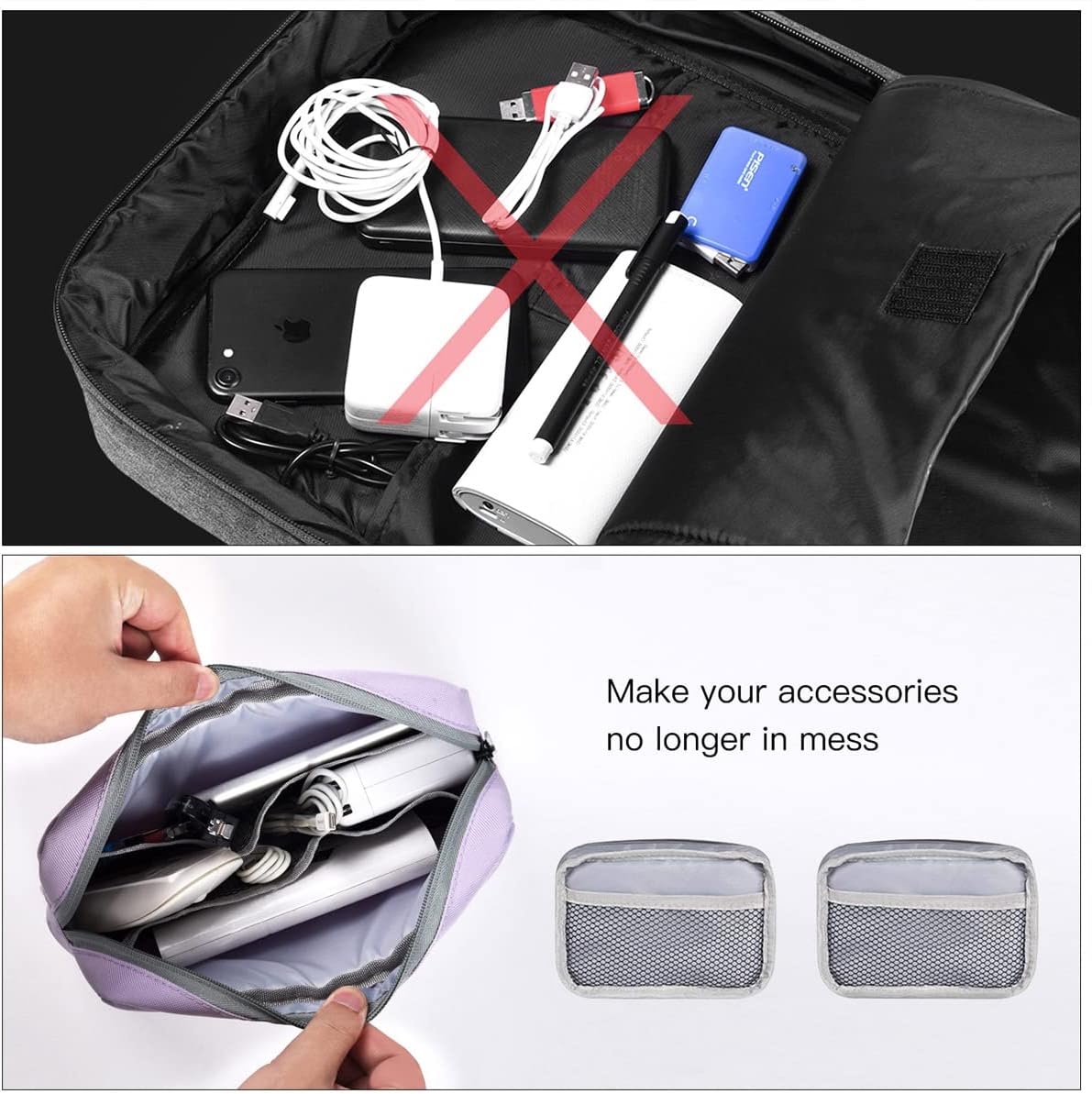 2-Pack Portable Storage Pouch Bag, Universal Electronics Accessories Case Cable Organizer Compatible with Hard Drive, Laptop Mouse, Power Bank, Adapter, Cellphone, Cosmetics (Small+Big-Navy Blue)