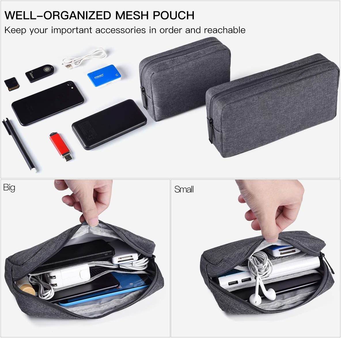 2-Pack Portable Storage Pouch Bag, Universal Electronics Accessories Case Cable Organizer Compatible with Hard Drive, Laptop Mouse, Power Bank, Adapter, Cellphone, Cosmetics (Small+Big-Navy Blue)