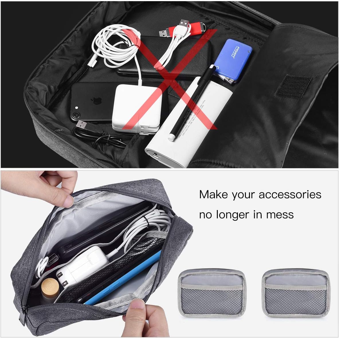 2-Pack Portable Storage Pouch Bag, Universal Electronics Accessories Case Cable Organizer Compatible with Hard Drive, Laptop Mouse, Power Bank, Adapter, Cellphone, Cosmetics (Small+Big-Navy Blue)
