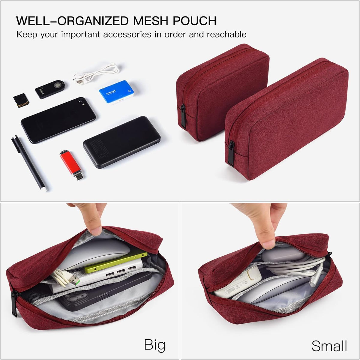 2-Pack Portable Storage Pouch Bag, Universal Electronics Accessories Case Cable Organizer Compatible with Hard Drive, Laptop Mouse, Power Bank, Adapter, Cellphone, Cosmetics (Small+Big-Navy Blue)