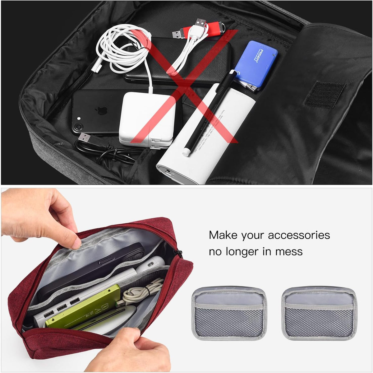 2-Pack Portable Storage Pouch Bag, Universal Electronics Accessories Case Cable Organizer Compatible with Hard Drive, Laptop Mouse, Power Bank, Adapter, Cellphone, Cosmetics (Small+Big-Navy Blue)
