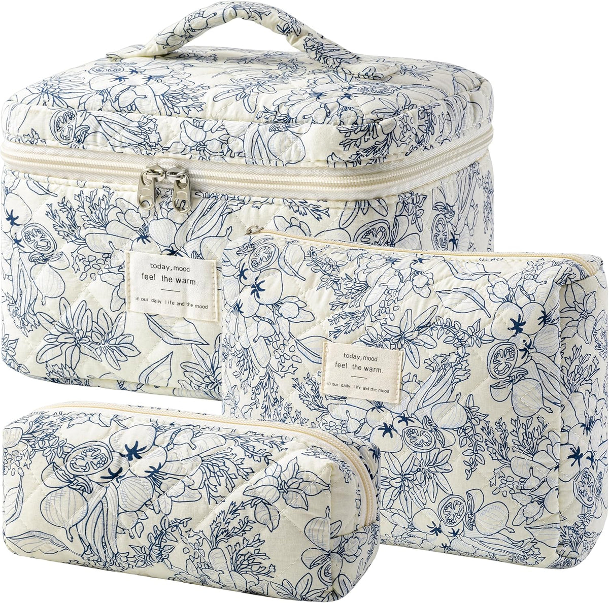 HBselect Quilted Makeup Bag, 3PCS Cotton Large Travel Makeup Bag, Cute Floral Coquette Make up Bag Cosmetic Bag Toiletry Bag for Women Girls - Colors A