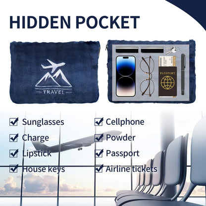 Travel Blanket and Pillow-2-in-1, Ultra-Soft&Compact,Airplane Blanket with Hand Luggage Belt and Backpack Clip,Travelers Accessories Gifts, 61x43 Inches（Navy）