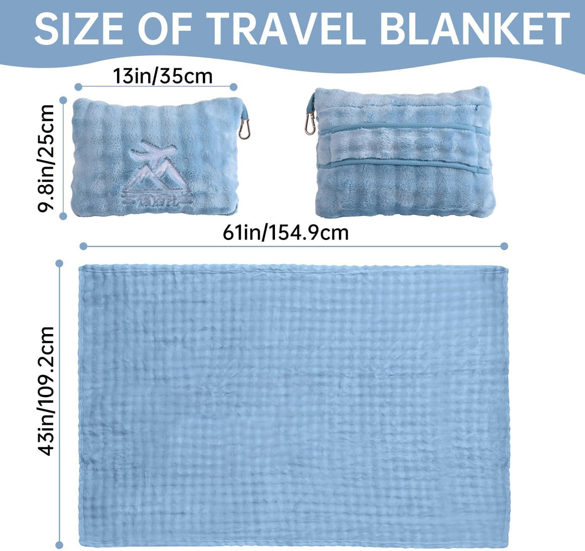 Travel Blanket and Pillow-2-in-1, Ultra-Soft&Compact,Airplane Blanket with Hand Luggage Belt and Backpack Clip,Travelers Accessories Gifts, 61x43 Inches（Navy）
