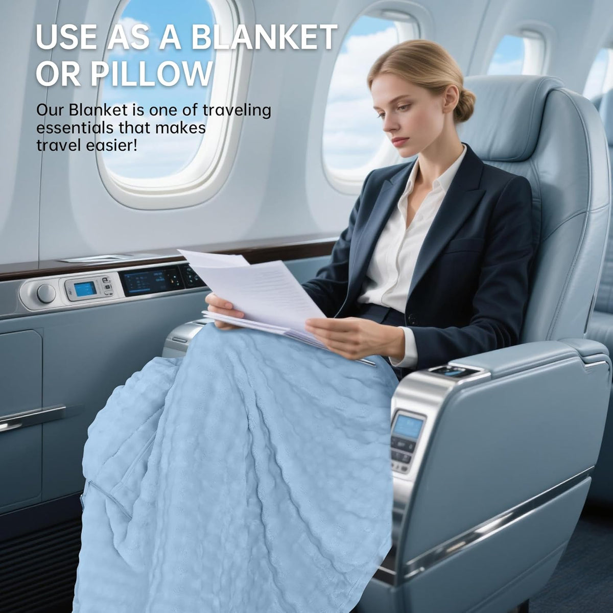 Travel Blanket and Pillow-2-in-1, Ultra-Soft&Compact,Airplane Blanket with Hand Luggage Belt and Backpack Clip,Travelers Accessories Gifts, 61x43 Inches（Navy）