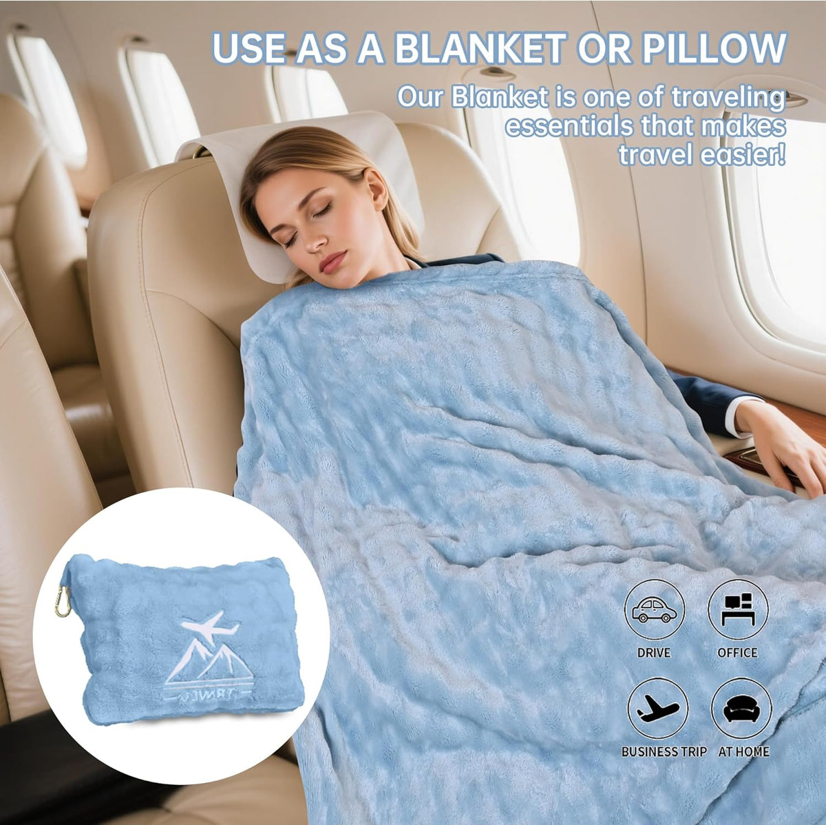 Travel Blanket and Pillow-2-in-1, Ultra-Soft&Compact,Airplane Blanket with Hand Luggage Belt and Backpack Clip,Travelers Accessories Gifts, 61x43 Inches（Navy）