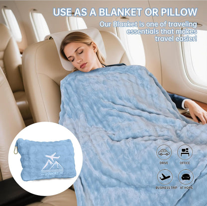 Travel Blanket and Pillow-2-in-1, Ultra-Soft&Compact,Airplane Blanket with Hand Luggage Belt and Backpack Clip,Travelers Accessories Gifts, 61x43 Inches（Navy）