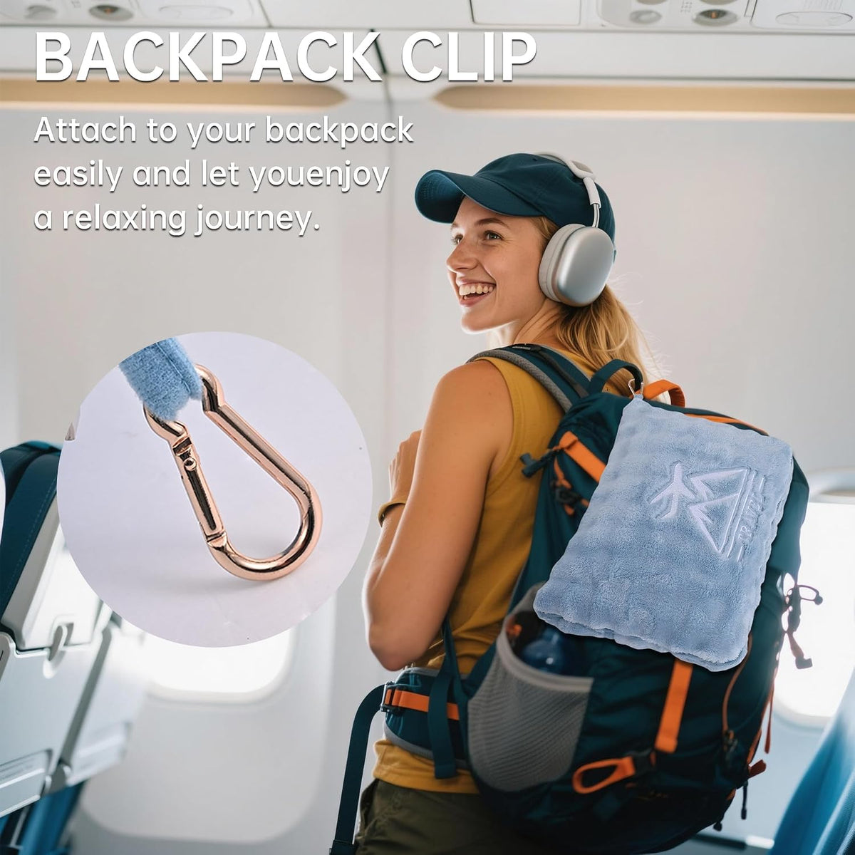 Travel Blanket and Pillow-2-in-1, Ultra-Soft&Compact,Airplane Blanket with Hand Luggage Belt and Backpack Clip,Travelers Accessories Gifts, 61x43 Inches（Navy）