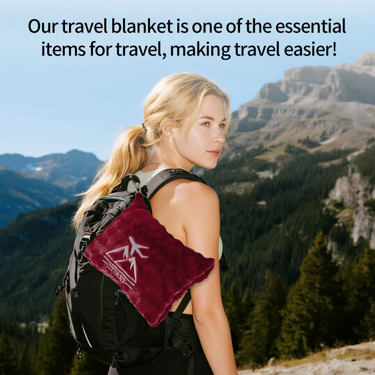 Travel Blanket and Pillow-2-in-1, Ultra-Soft&Compact,Airplane Blanket with Hand Luggage Belt and Backpack Clip,Travelers Accessories Gifts, 61x43 Inches（Navy）