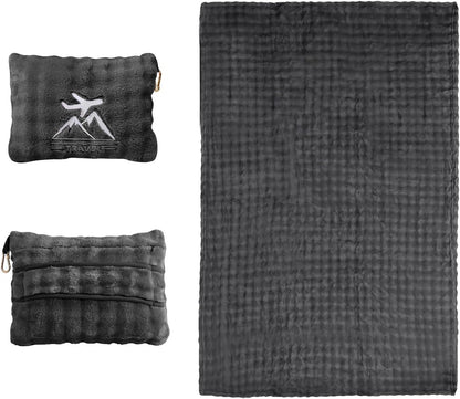 Travel Blanket and Pillow-2-in-1, Ultra-Soft&Compact,Airplane Blanket with Hand Luggage Belt and Backpack Clip,Travelers Accessories Gifts, 61x43 Inches（Navy）