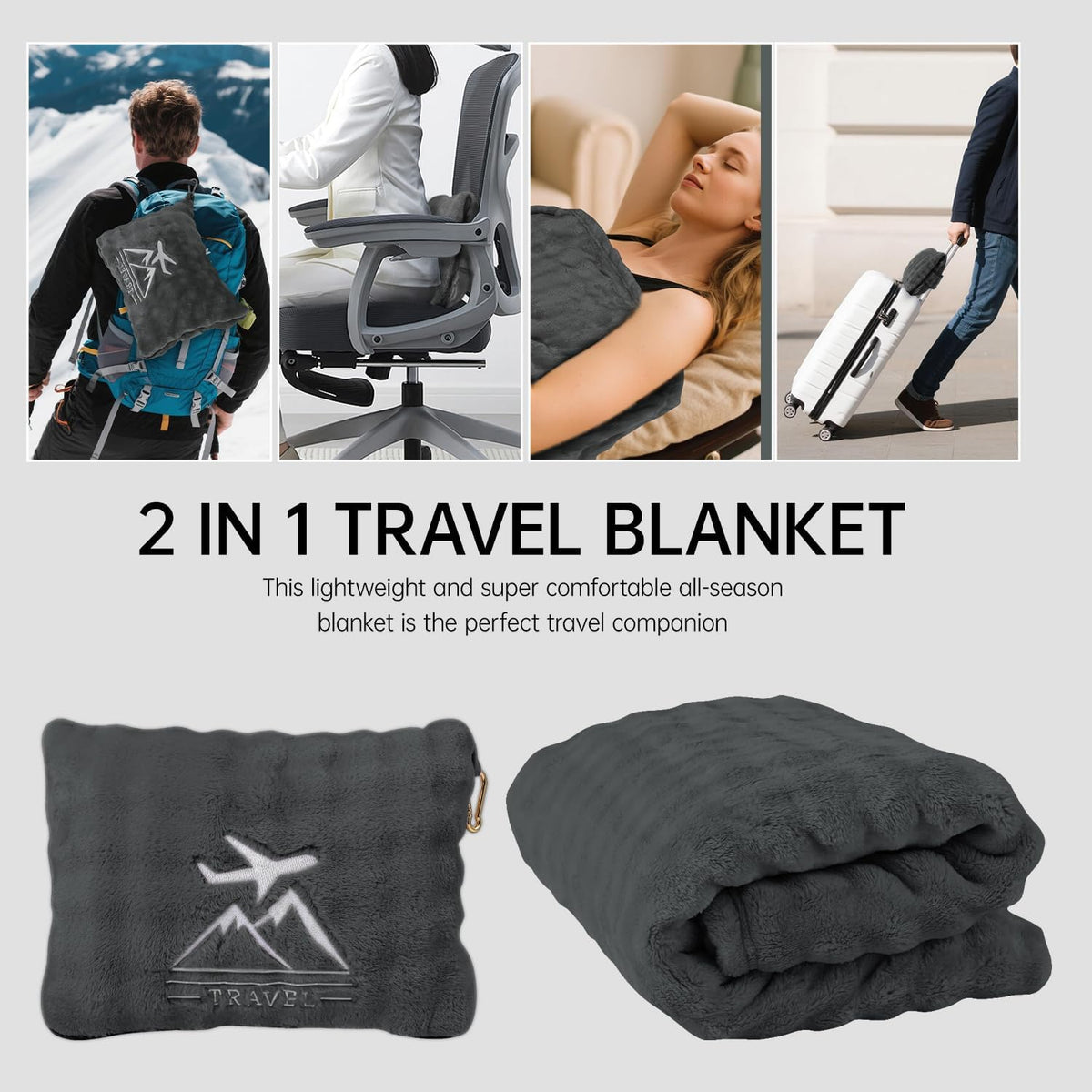 Travel Blanket and Pillow-2-in-1, Ultra-Soft&Compact,Airplane Blanket with Hand Luggage Belt and Backpack Clip,Travelers Accessories Gifts, 61x43 Inches（Navy）