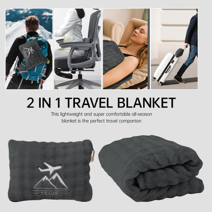 Travel Blanket and Pillow-2-in-1, Ultra-Soft&Compact,Airplane Blanket with Hand Luggage Belt and Backpack Clip,Travelers Accessories Gifts, 61x43 Inches（Navy）