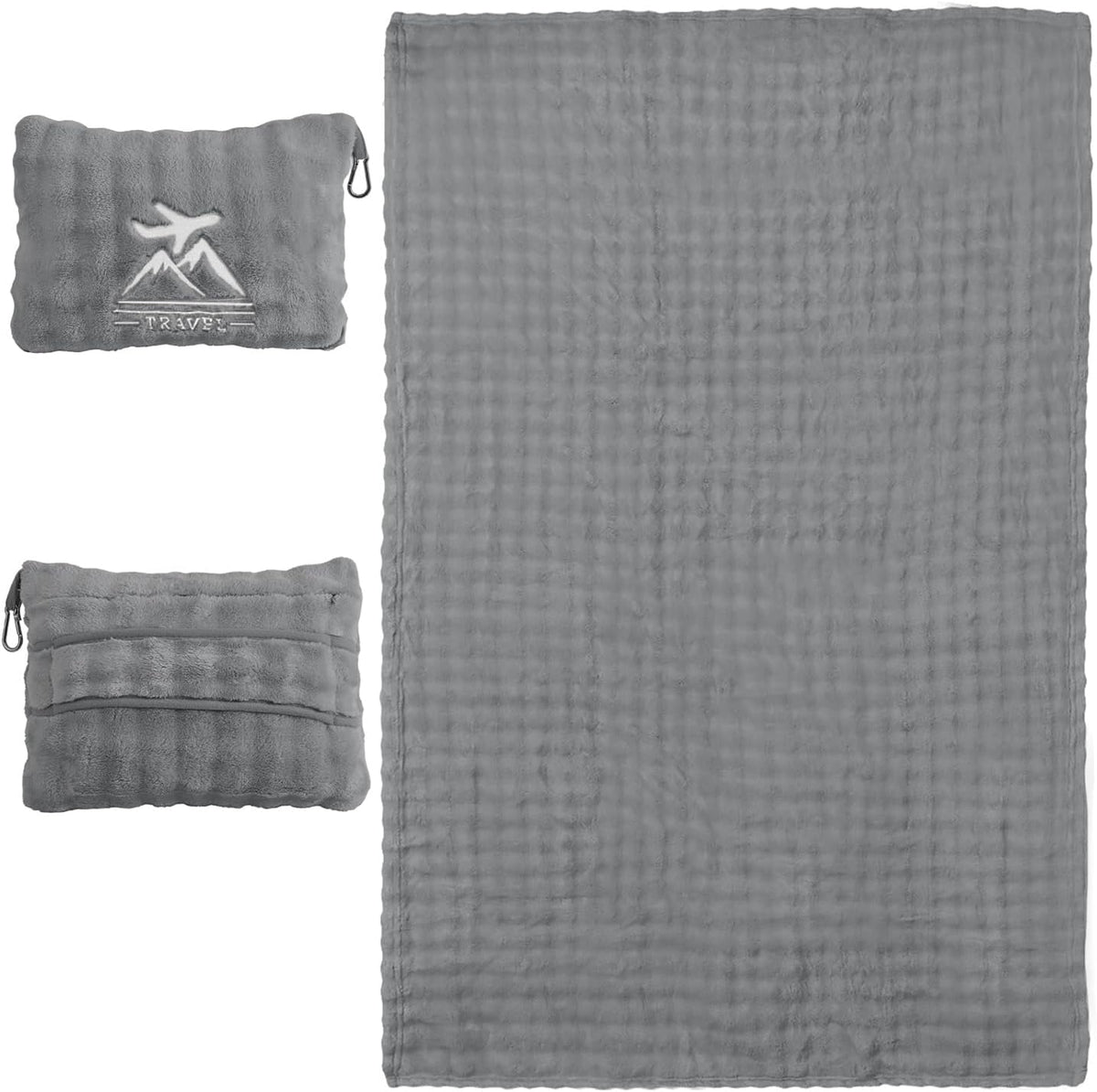 Travel Blanket and Pillow-2-in-1, Ultra-Soft&Compact,Airplane Blanket with Hand Luggage Belt and Backpack Clip,Travelers Accessories Gifts, 61x43 Inches（Navy）