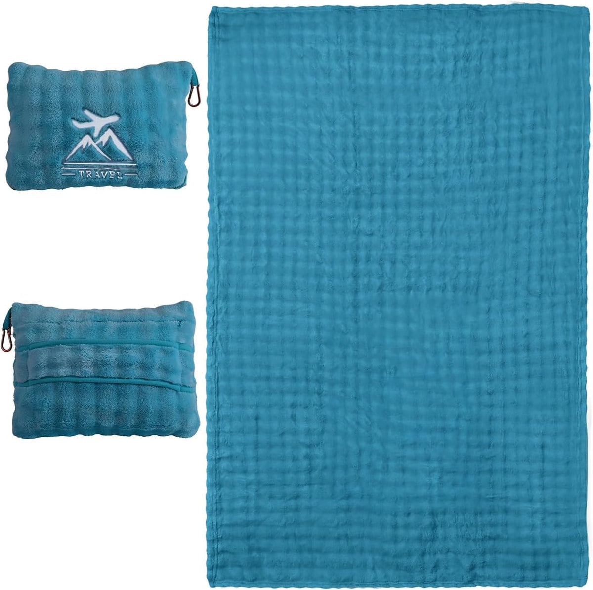Travel Blanket and Pillow-2-in-1, Ultra-Soft&Compact,Airplane Blanket with Hand Luggage Belt and Backpack Clip,Travelers Accessories Gifts, 61x43 Inches（Navy）