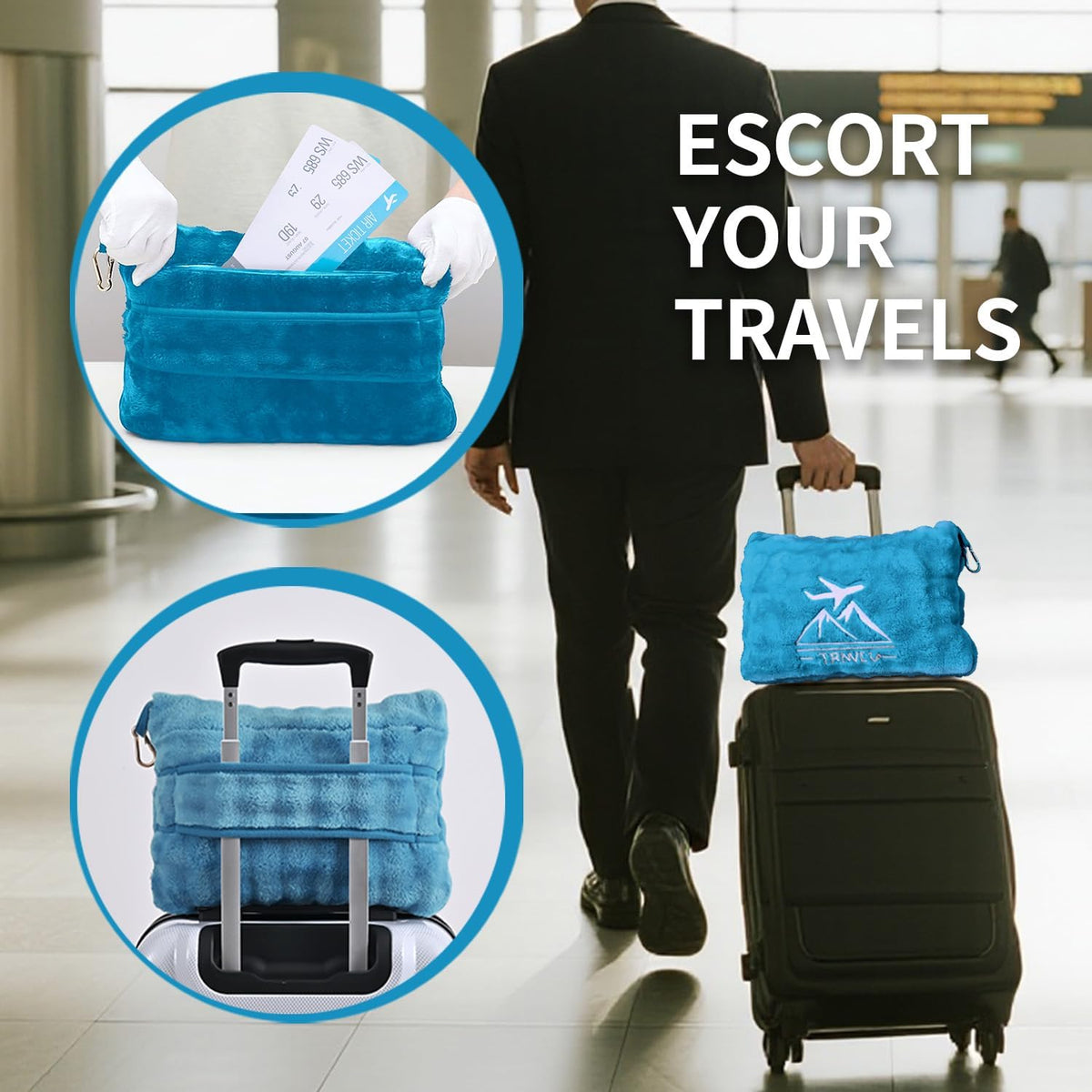 Travel Blanket and Pillow-2-in-1, Ultra-Soft&Compact,Airplane Blanket with Hand Luggage Belt and Backpack Clip,Travelers Accessories Gifts, 61x43 Inches（Navy）