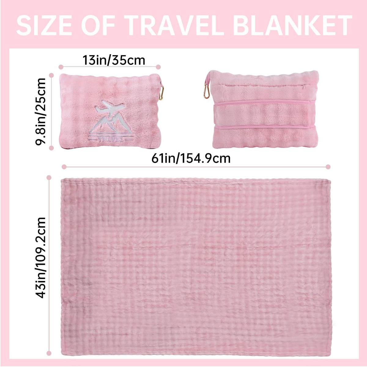 Travel Blanket and Pillow-2-in-1, Ultra-Soft&Compact,Airplane Blanket with Hand Luggage Belt and Backpack Clip,Travelers Accessories Gifts, 61x43 Inches（Navy）