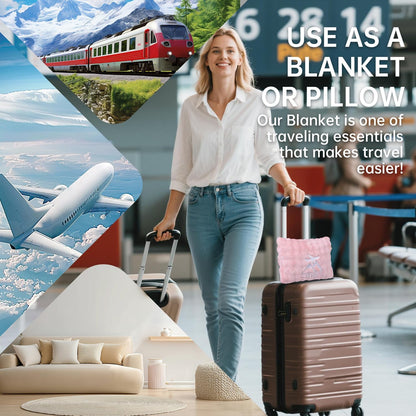 Travel Blanket and Pillow-2-in-1, Ultra-Soft&Compact,Airplane Blanket with Hand Luggage Belt and Backpack Clip,Travelers Accessories Gifts, 61x43 Inches（Navy）
