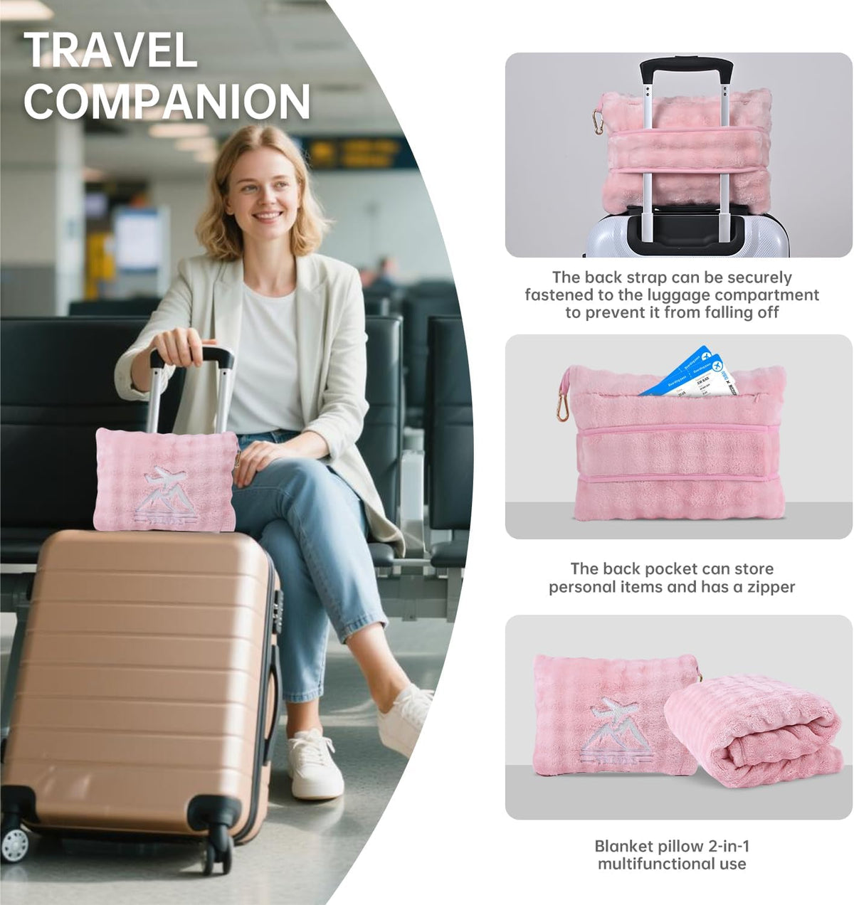 Travel Blanket and Pillow-2-in-1, Ultra-Soft&Compact,Airplane Blanket with Hand Luggage Belt and Backpack Clip,Travelers Accessories Gifts, 61x43 Inches（Navy）