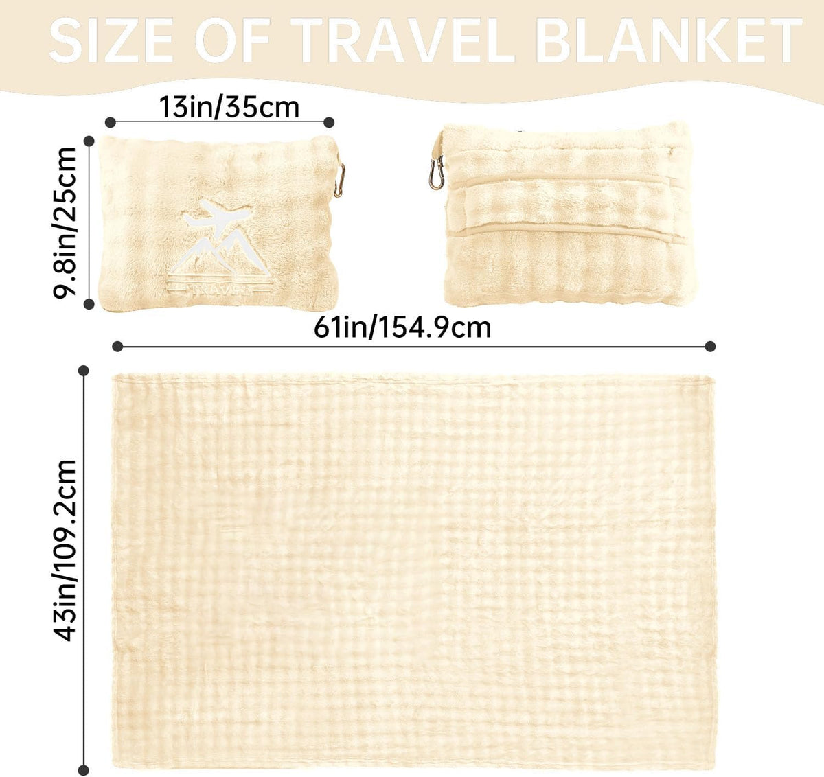 Travel Blanket and Pillow-2-in-1, Ultra-Soft&Compact,Airplane Blanket with Hand Luggage Belt and Backpack Clip,Travelers Accessories Gifts, 61x43 Inches（Navy）