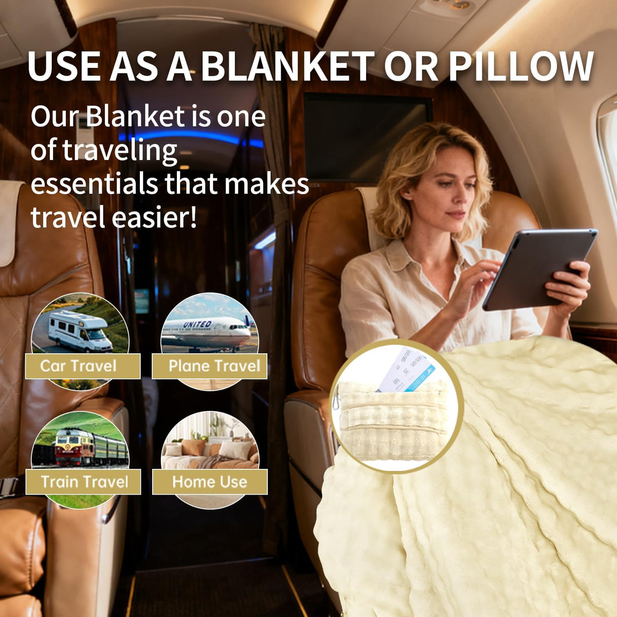 Travel Blanket and Pillow-2-in-1, Ultra-Soft&Compact,Airplane Blanket with Hand Luggage Belt and Backpack Clip,Travelers Accessories Gifts, 61x43 Inches（Navy）