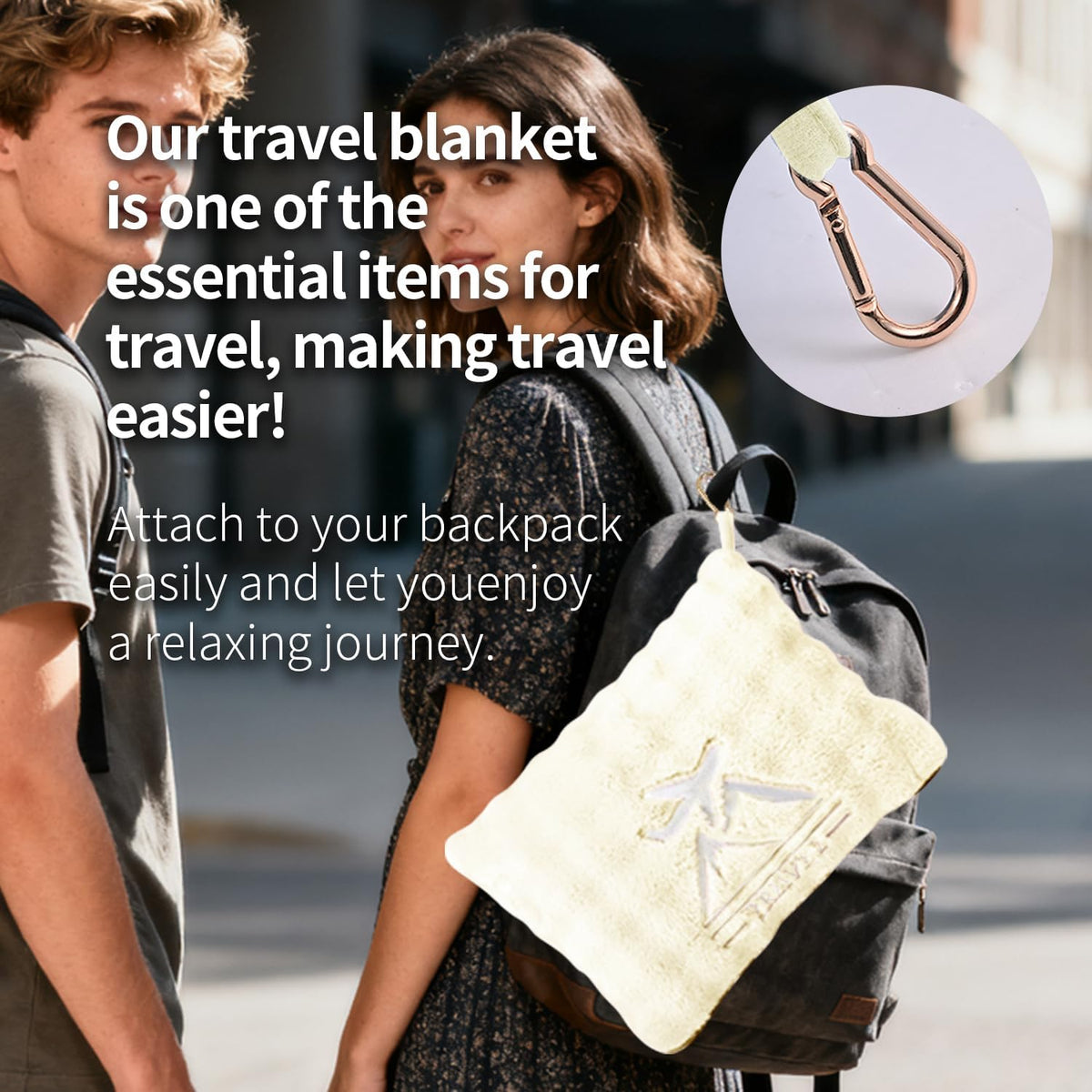 Travel Blanket and Pillow-2-in-1, Ultra-Soft&Compact,Airplane Blanket with Hand Luggage Belt and Backpack Clip,Travelers Accessories Gifts, 61x43 Inches（Navy）