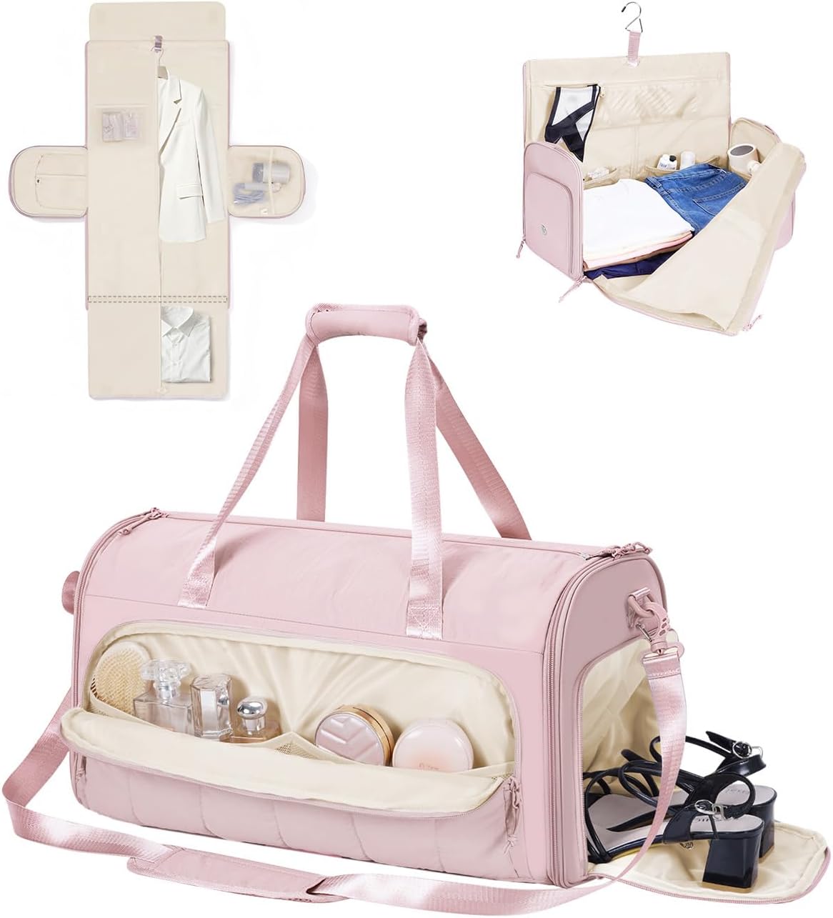 Convertible Garment Bags for Travel with Wet Pocket Carry on Garment Duffle Bag 2 in 1 Puffy Hanging Clothes Travel Bags with Shoe Compartment for Airplanes Business Weekend Gym Wedding (Pink)