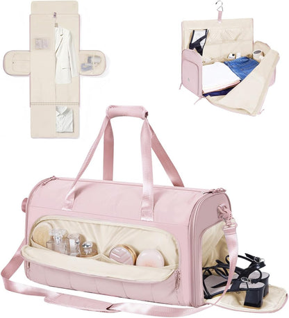 Convertible Garment Bags for Travel with Wet Pocket Carry on Garment Duffle Bag 2 in 1 Puffy Hanging Clothes Travel Bags with Shoe Compartment for Airplanes Business Weekend Gym Wedding (Pink)