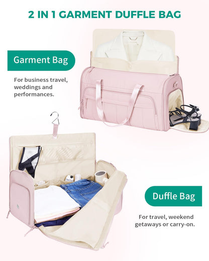 Convertible Garment Bags for Travel with Wet Pocket Carry on Garment Duffle Bag 2 in 1 Puffy Hanging Clothes Travel Bags with Shoe Compartment for Airplanes Business Weekend Gym Wedding (Pink)