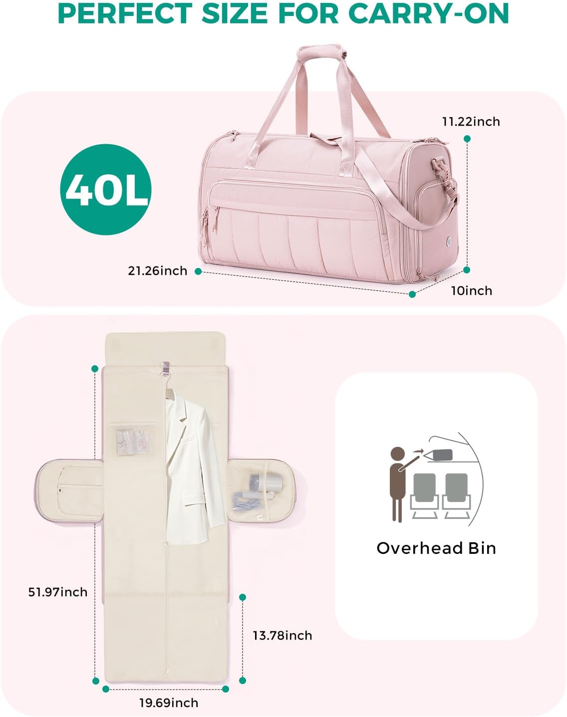 Convertible Garment Bags for Travel with Wet Pocket Carry on Garment Duffle Bag 2 in 1 Puffy Hanging Clothes Travel Bags with Shoe Compartment for Airplanes Business Weekend Gym Wedding (Pink)