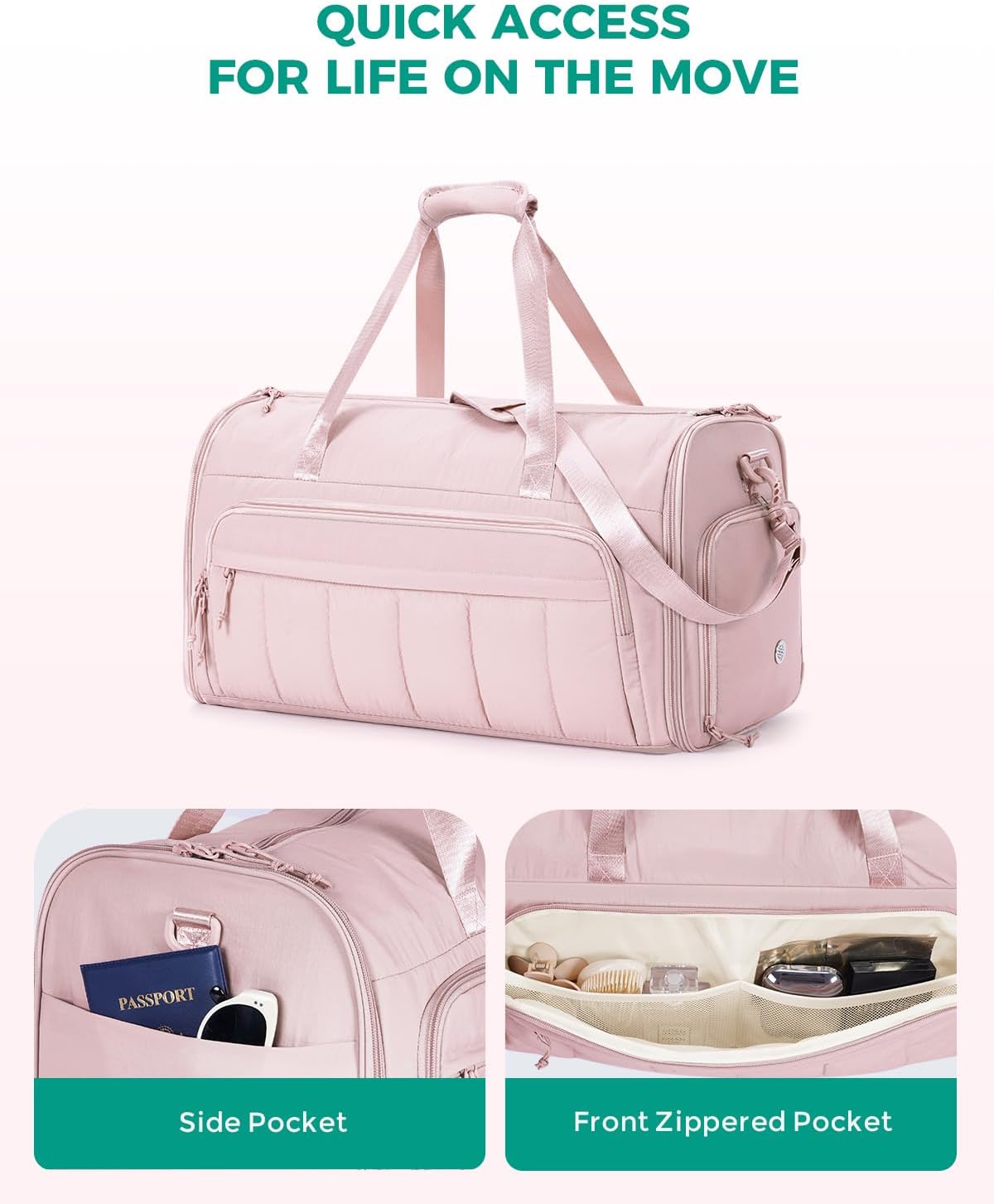 Convertible Garment Bags for Travel with Wet Pocket Carry on Garment Duffle Bag 2 in 1 Puffy Hanging Clothes Travel Bags with Shoe Compartment for Airplanes Business Weekend Gym Wedding (Pink)