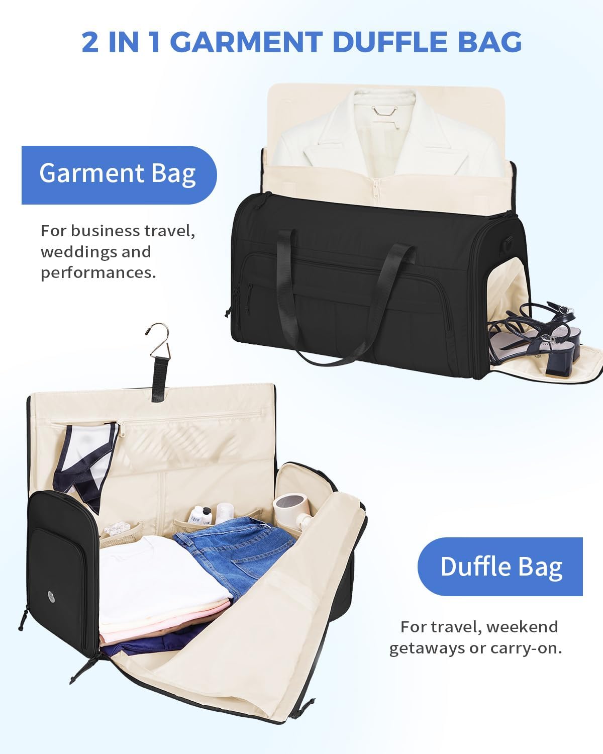 Convertible Garment Bags for Travel with Wet Pocket Carry on Garment Duffle Bag 2 in 1 Puffy Hanging Clothes Travel Bags with Shoe Compartment for Airplanes Business Weekend Gym Wedding (Pink)