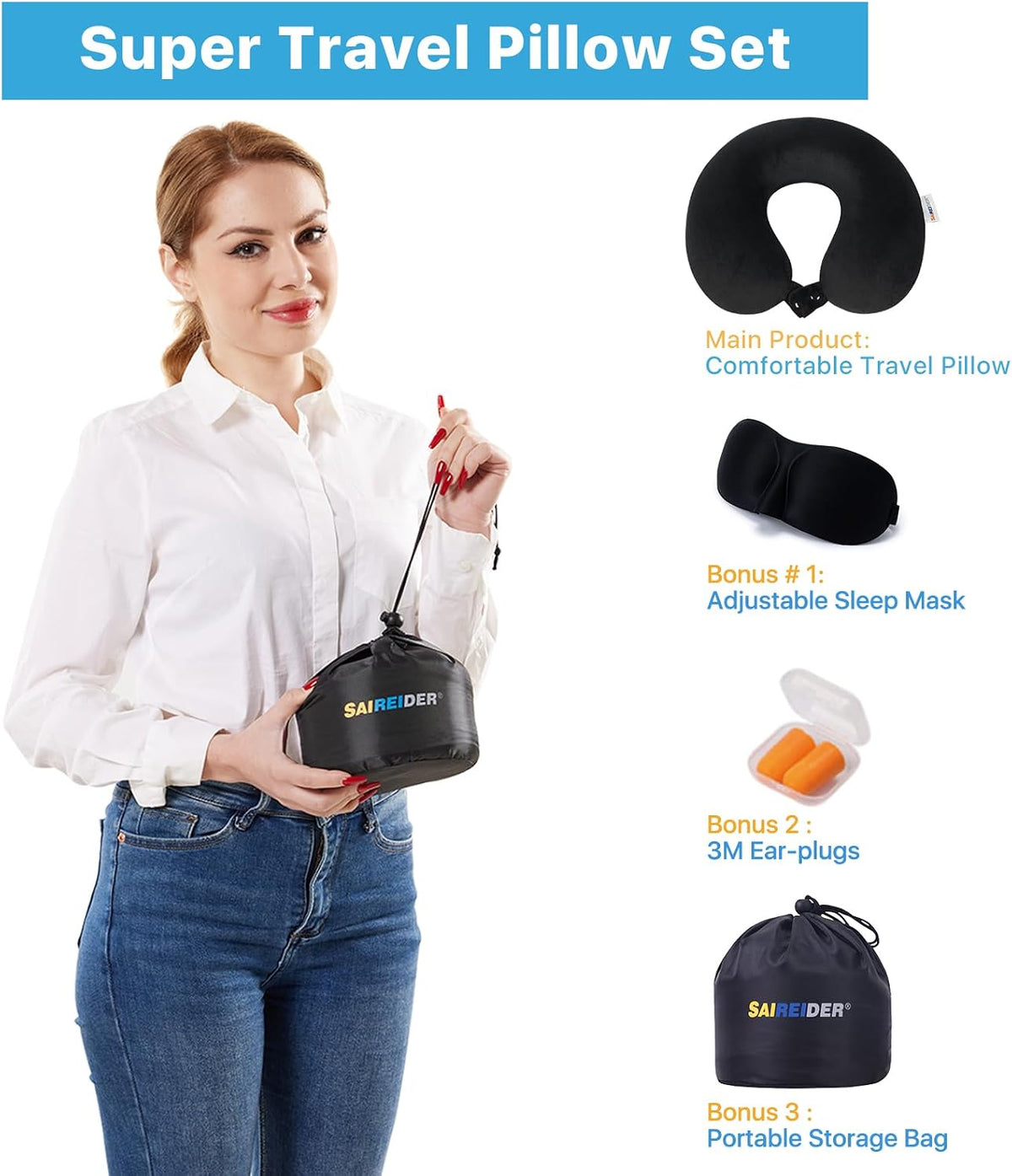 Neck Pillows for Travel-Head Neck Support Travel Pillow for Traveling, Car, Home, Office Adjustable(Navy Blue)
