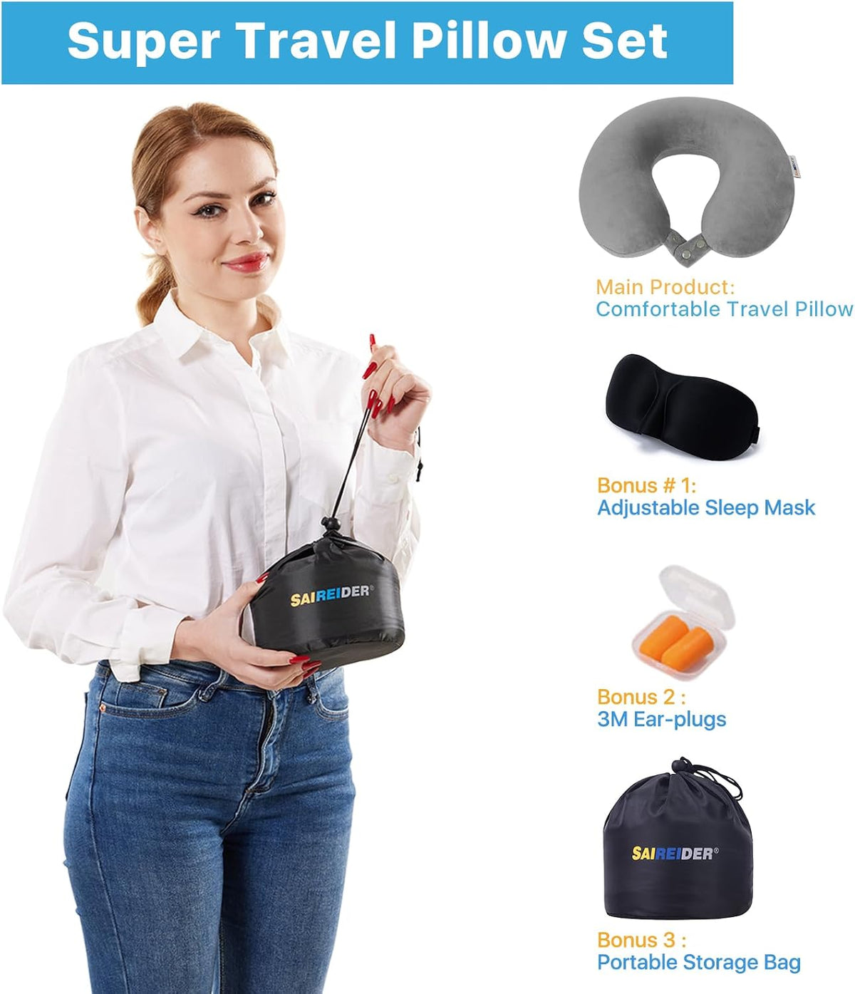 Neck Pillows for Travel-Head Neck Support Travel Pillow for Traveling, Car, Home, Office Adjustable(Navy Blue)