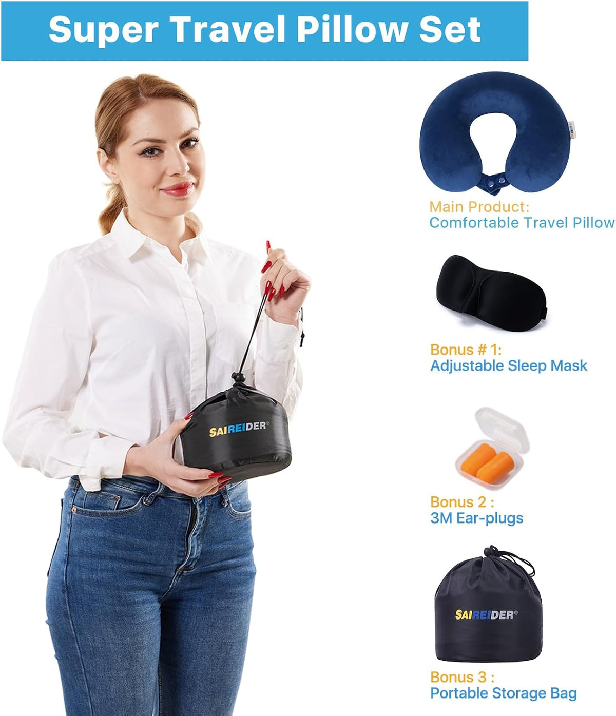Neck Pillows for Travel-Head Neck Support Travel Pillow for Traveling, Car, Home, Office Adjustable(Navy Blue)