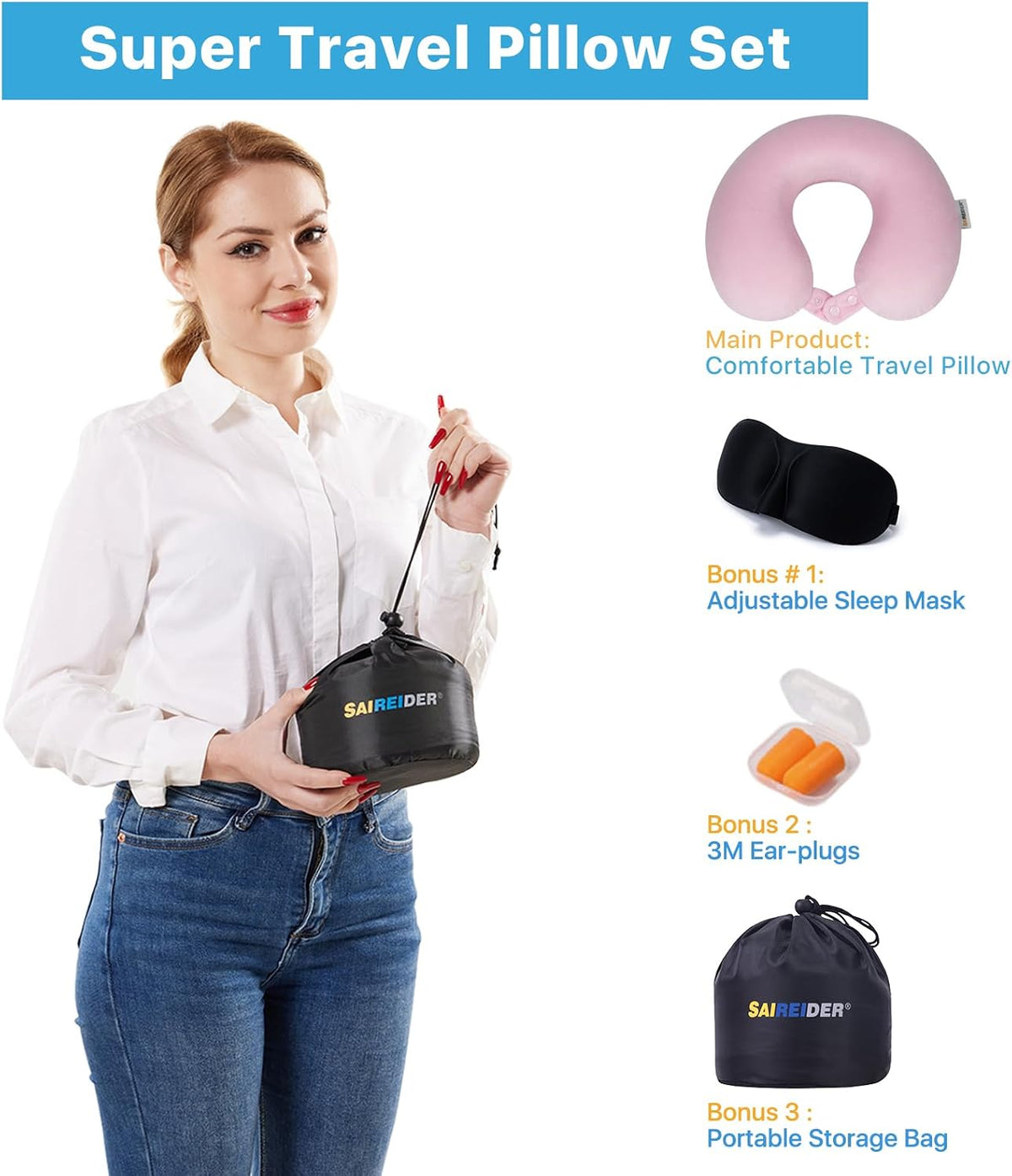 Neck Pillows for Travel-Head Neck Support Travel Pillow for Traveling, Car, Home, Office Adjustable(Navy Blue)