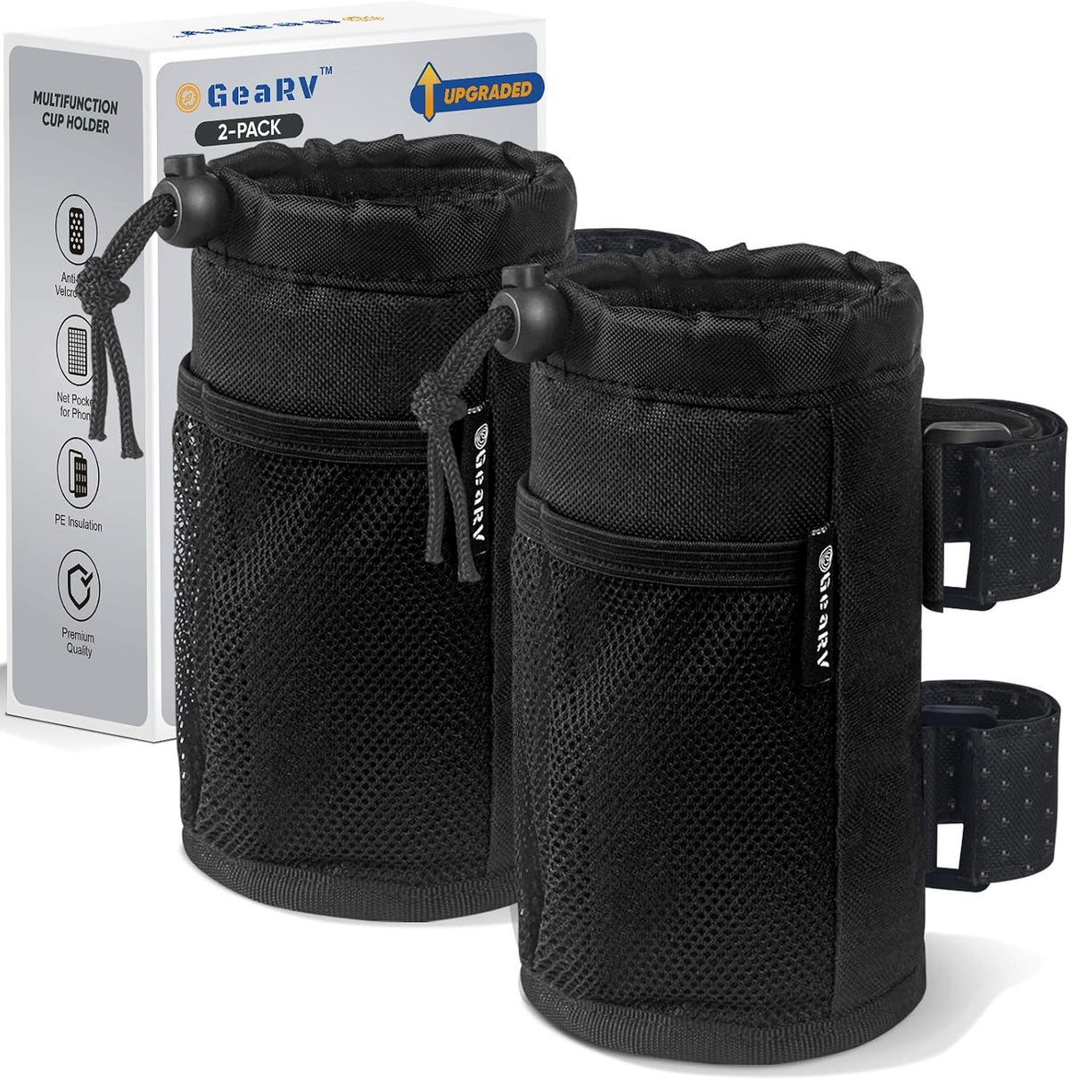 2Pack Cup Holder for Bike, Scooter and Wheelchair, Water Bottle Holder for UTV/ATV, Walker, Golf Cart and Beach, Universal Drink Holder Accessories with Net Pocket and Cord Lock (Black)