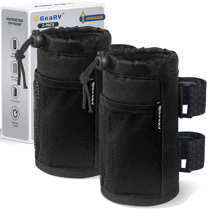 2Pack Cup Holder for Bike, Scooter and Wheelchair, Water Bottle Holder for UTV/ATV, Walker, Golf Cart and Beach, Universal Drink Holder Accessories with Net Pocket and Cord Lock (Black)