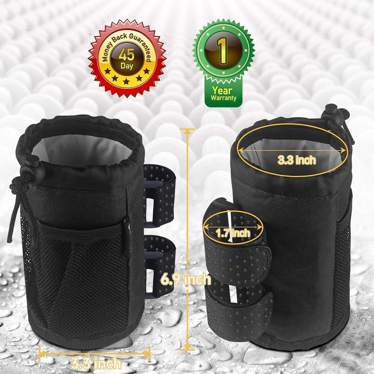 2Pack Cup Holder for Bike, Scooter and Wheelchair, Water Bottle Holder for UTV/ATV, Walker, Golf Cart and Beach, Universal Drink Holder Accessories with Net Pocket and Cord Lock (Black)