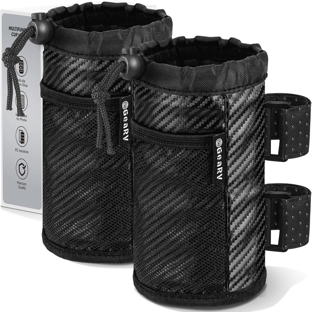 2Pack Cup Holder for Bike, Scooter and Wheelchair, Water Bottle Holder for UTV/ATV, Walker, Golf Cart and Beach, Universal Drink Holder Accessories with Net Pocket and Cord Lock (Black)