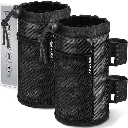 2Pack Cup Holder for Bike, Scooter and Wheelchair, Water Bottle Holder for UTV/ATV, Walker, Golf Cart and Beach, Universal Drink Holder Accessories with Net Pocket and Cord Lock (Black)