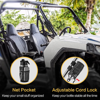 2Pack Cup Holder for Bike, Scooter and Wheelchair, Water Bottle Holder for UTV/ATV, Walker, Golf Cart and Beach, Universal Drink Holder Accessories with Net Pocket and Cord Lock (Black)