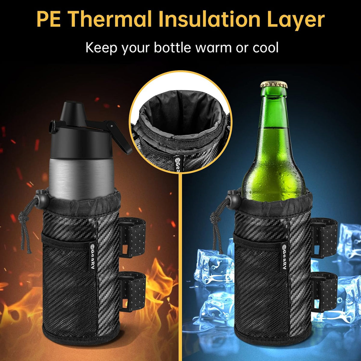 2Pack Cup Holder for Bike, Scooter and Wheelchair, Water Bottle Holder for UTV/ATV, Walker, Golf Cart and Beach, Universal Drink Holder Accessories with Net Pocket and Cord Lock (Black)
