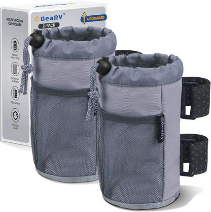 2Pack Cup Holder for Bike, Scooter and Wheelchair, Water Bottle Holder for UTV/ATV, Walker, Golf Cart and Beach, Universal Drink Holder Accessories with Net Pocket and Cord Lock (Black)